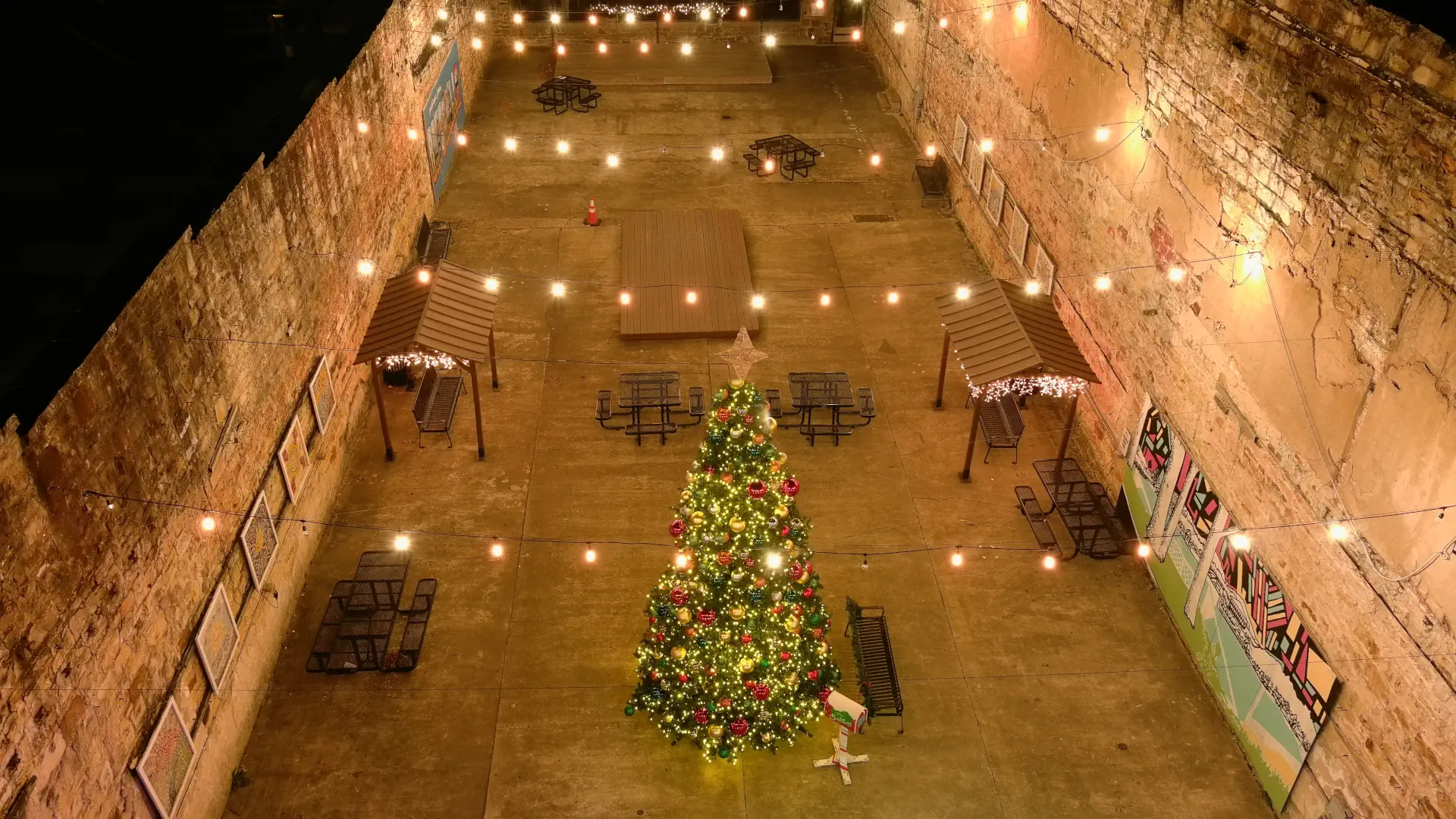 An aerial view of the Pocket Park decorated for Christmas on Main Street.